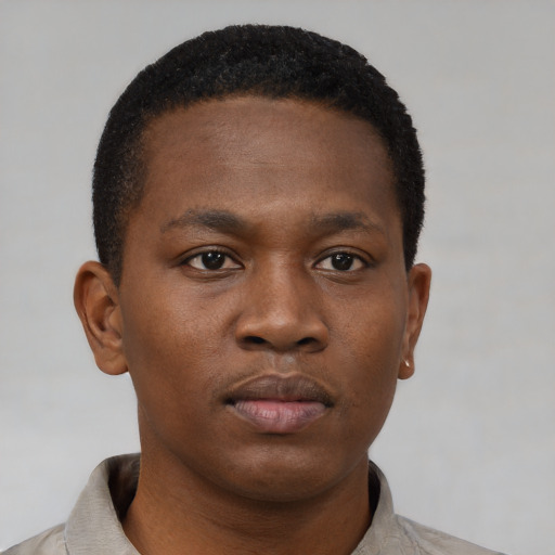 Neutral black young-adult male with short  black hair and brown eyes
