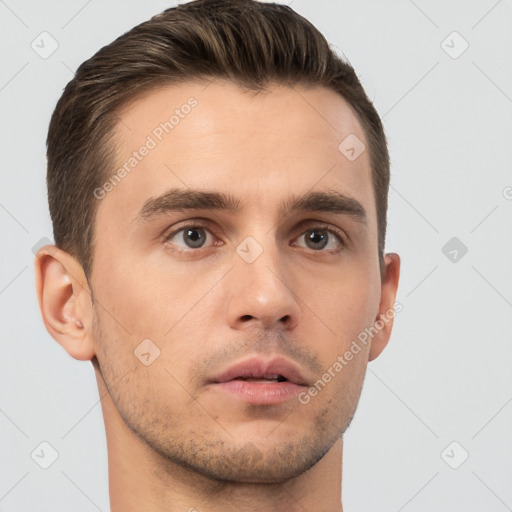 Neutral white young-adult male with short  brown hair and brown eyes