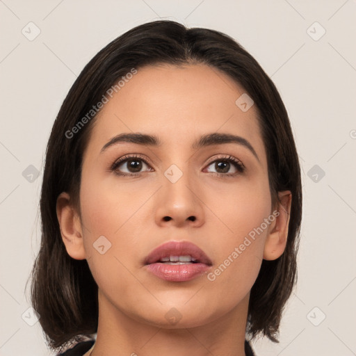 Neutral white young-adult female with medium  brown hair and brown eyes