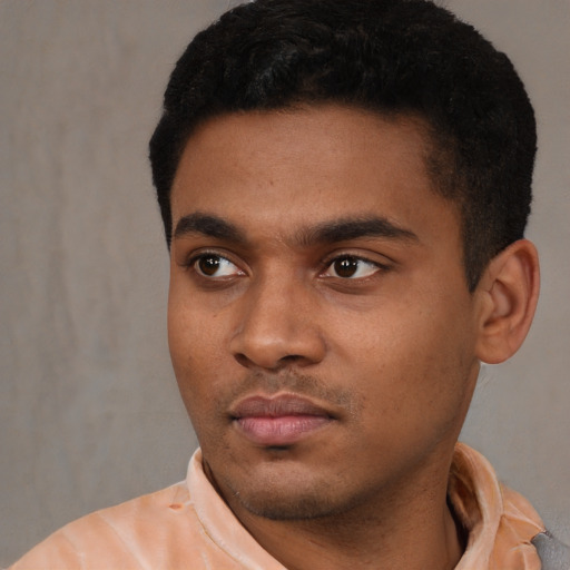 Neutral latino young-adult male with short  black hair and brown eyes