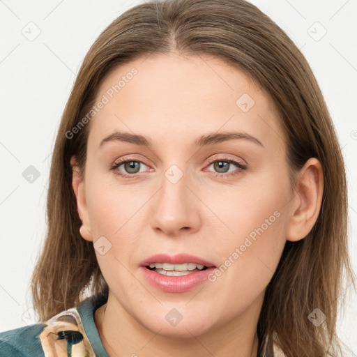 Joyful white young-adult female with long  brown hair and grey eyes