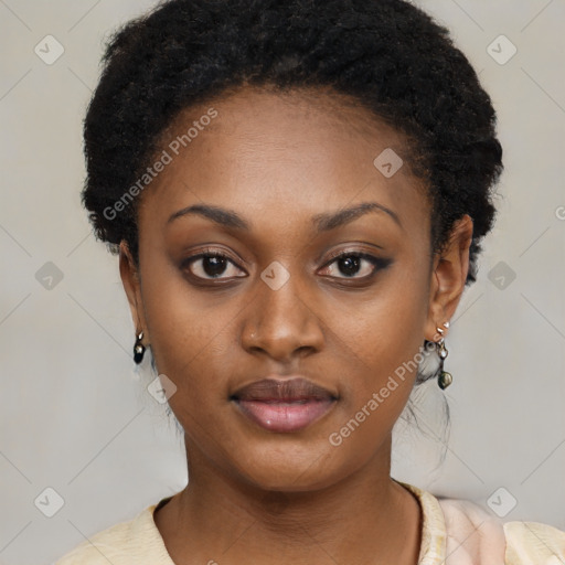 Neutral black young-adult female with short  black hair and brown eyes