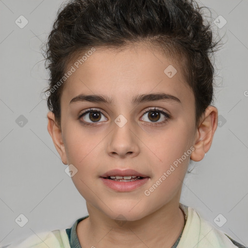 Joyful white child female with short  brown hair and brown eyes