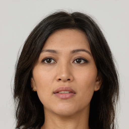 Neutral asian young-adult female with long  brown hair and brown eyes