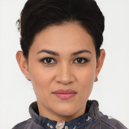Joyful white young-adult female with short  black hair and brown eyes
