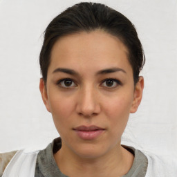 Neutral white young-adult female with short  brown hair and brown eyes