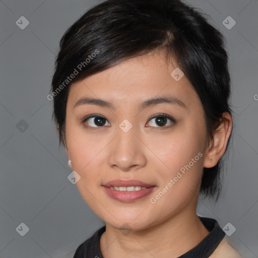 Joyful asian young-adult female with medium  brown hair and brown eyes