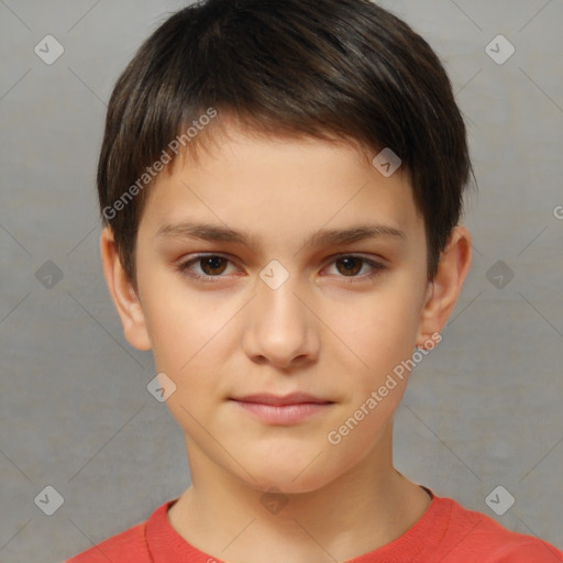 Joyful white child female with short  brown hair and brown eyes