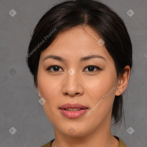 Joyful asian young-adult female with medium  brown hair and brown eyes