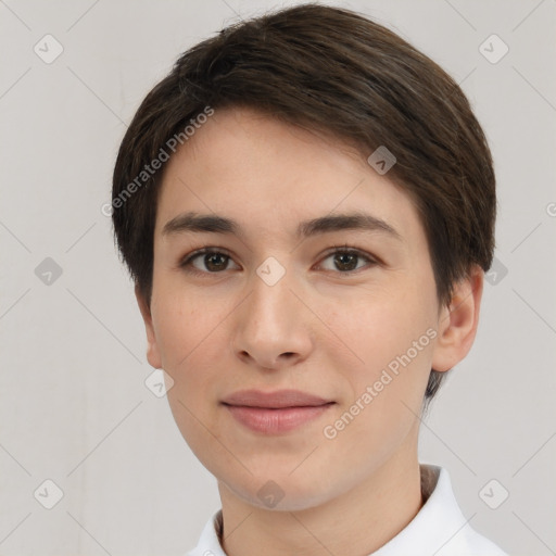 Neutral white young-adult female with short  brown hair and brown eyes