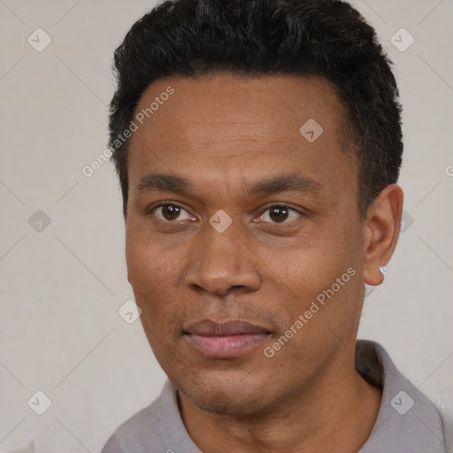 Joyful latino adult male with short  black hair and brown eyes