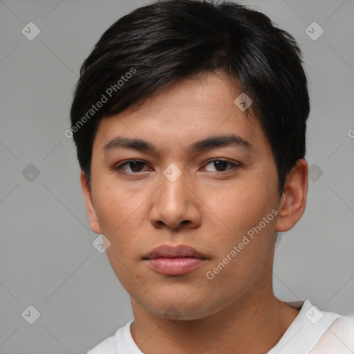 Neutral asian young-adult male with short  brown hair and brown eyes