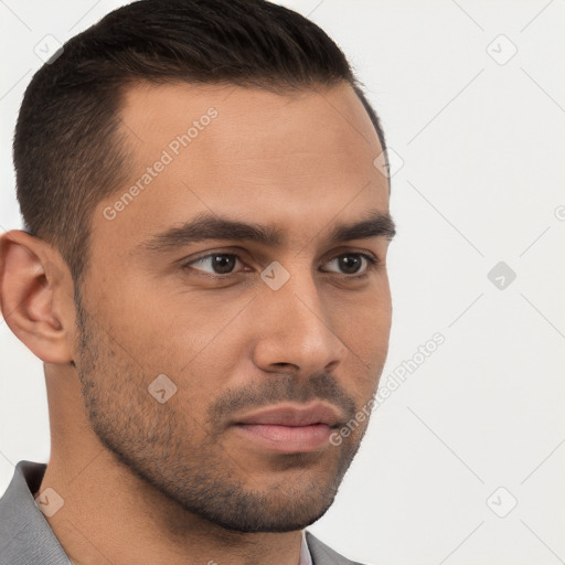 Neutral white young-adult male with short  brown hair and brown eyes