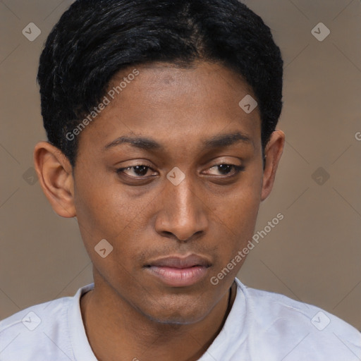 Neutral black young-adult female with short  black hair and brown eyes