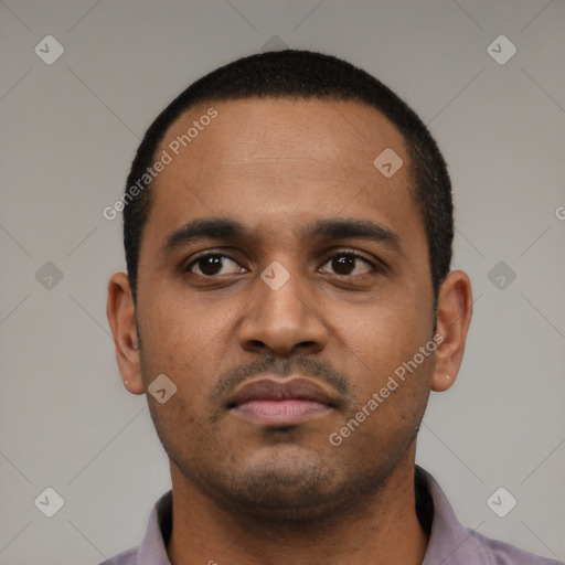 Neutral black young-adult male with short  black hair and brown eyes