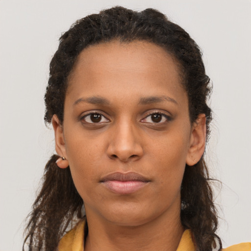 Neutral black young-adult female with long  brown hair and brown eyes