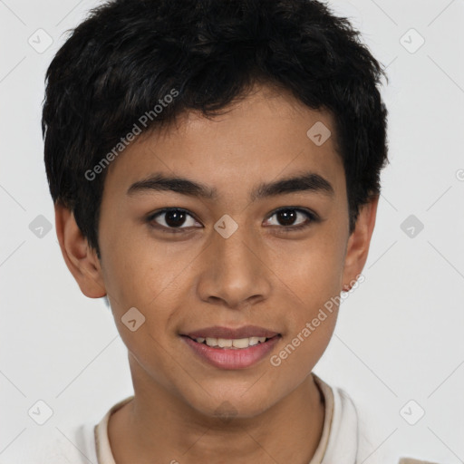 Joyful latino young-adult male with short  brown hair and brown eyes