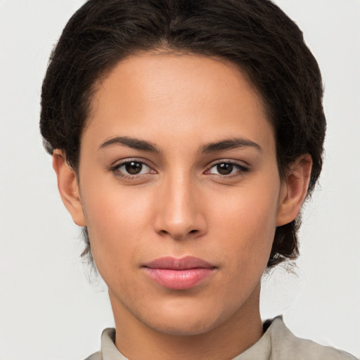 Neutral white young-adult female with short  brown hair and brown eyes