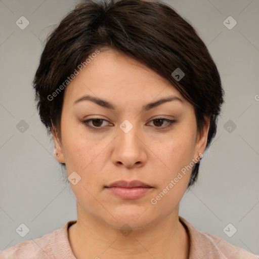 Neutral asian young-adult female with medium  brown hair and brown eyes