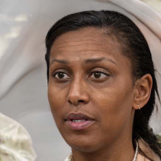 Joyful black adult female with short  brown hair and brown eyes
