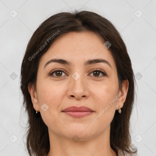 Joyful white young-adult female with medium  brown hair and brown eyes