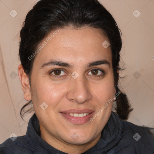 Joyful white young-adult male with medium  brown hair and brown eyes