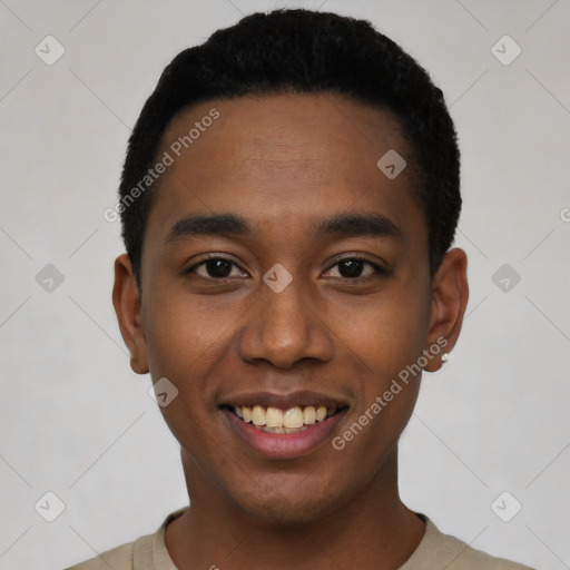 Joyful black young-adult male with short  black hair and brown eyes