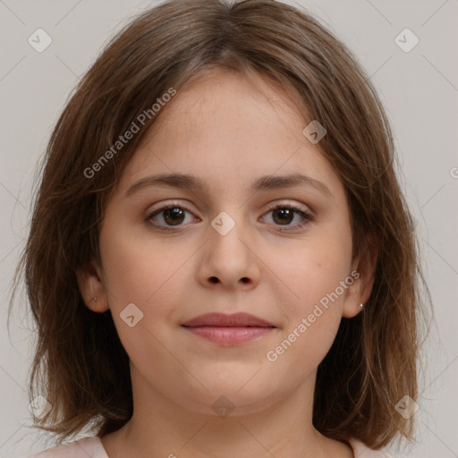 Neutral white young-adult female with medium  brown hair and brown eyes