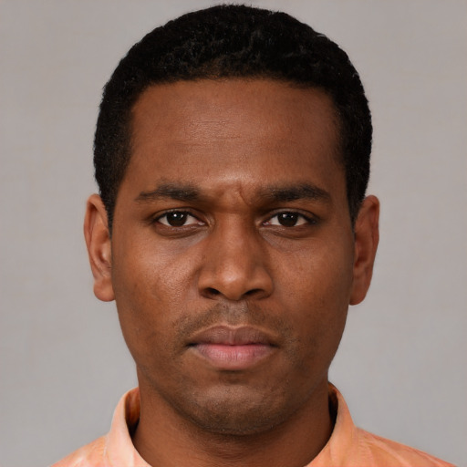 Neutral black young-adult male with short  black hair and brown eyes