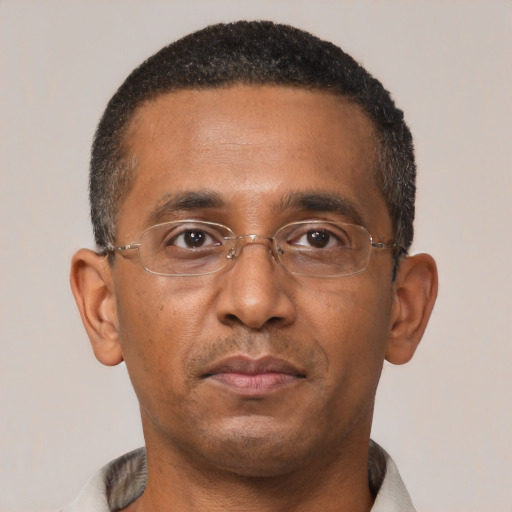 Neutral black adult male with short  black hair and brown eyes