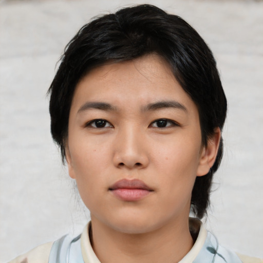 Neutral asian young-adult female with short  black hair and brown eyes