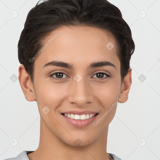 Joyful white young-adult female with short  brown hair and brown eyes