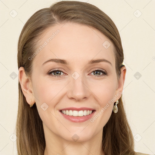 Joyful white young-adult female with long  brown hair and blue eyes