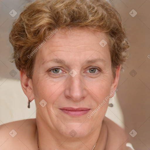 Joyful white adult female with short  brown hair and brown eyes