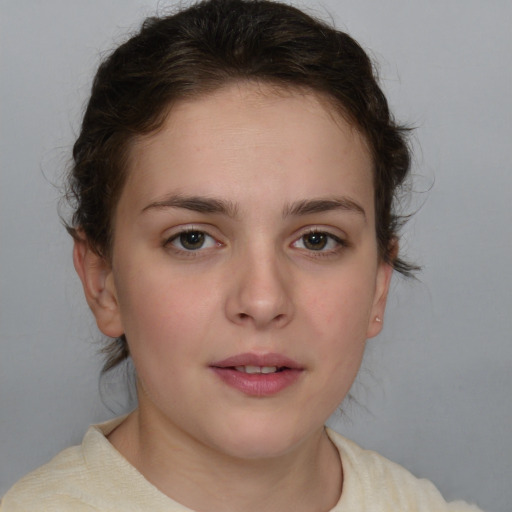 Neutral white young-adult female with medium  brown hair and brown eyes