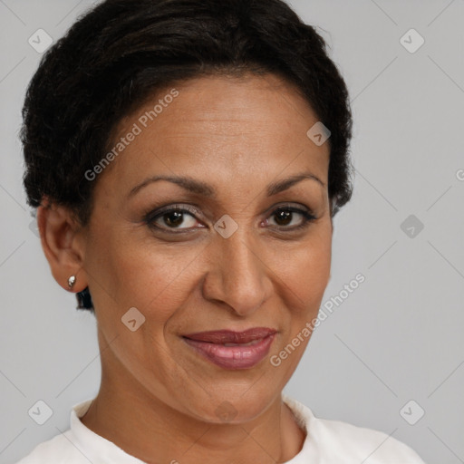 Joyful black adult female with short  brown hair and brown eyes