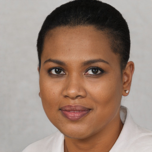 Joyful black young-adult female with short  brown hair and brown eyes