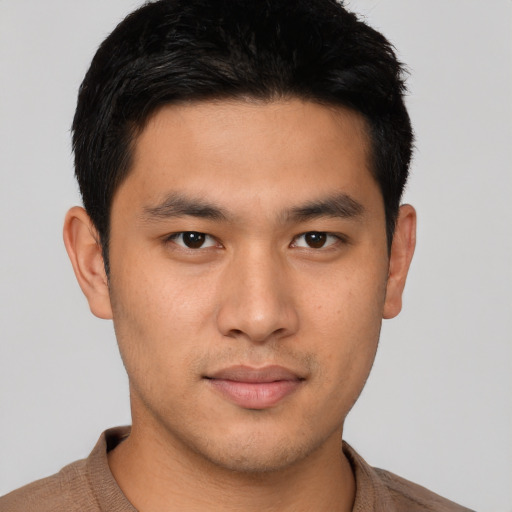 Neutral asian young-adult male with short  brown hair and brown eyes