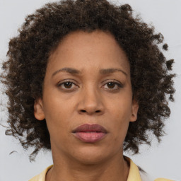 Neutral black adult female with short  brown hair and brown eyes