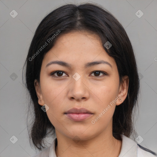 Neutral asian young-adult female with medium  brown hair and brown eyes