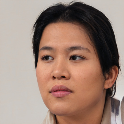 Neutral asian young-adult female with medium  brown hair and brown eyes