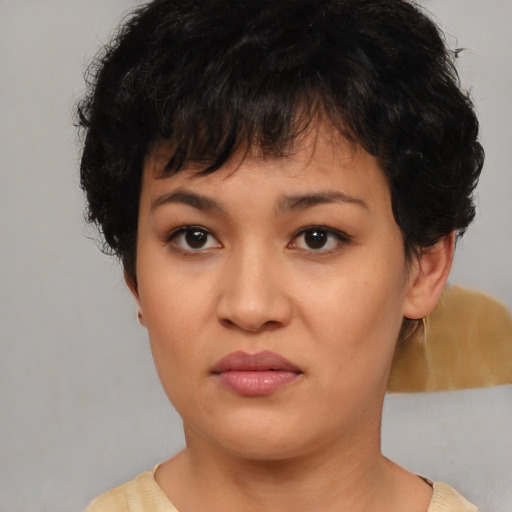 Neutral asian young-adult female with short  black hair and brown eyes