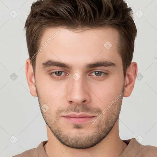 Neutral white young-adult male with short  brown hair and brown eyes