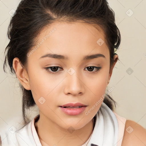 Joyful white child female with medium  brown hair and brown eyes