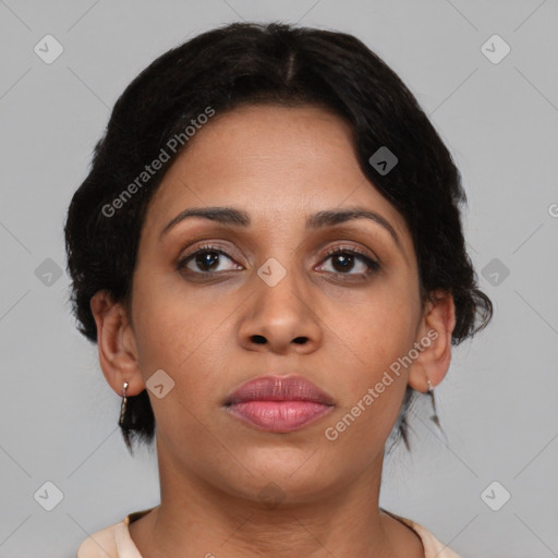 Neutral asian young-adult female with medium  brown hair and brown eyes