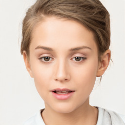 Neutral white young-adult female with short  brown hair and brown eyes