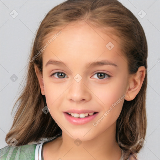 Joyful white child female with medium  brown hair and brown eyes