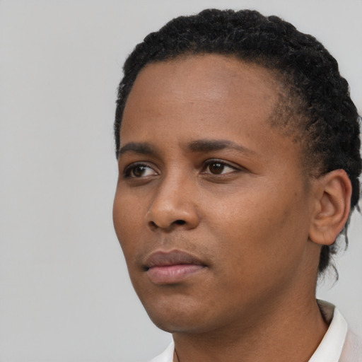 Neutral black young-adult female with short  black hair and brown eyes