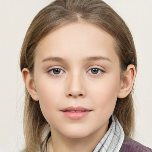 Joyful white child female with medium  brown hair and grey eyes