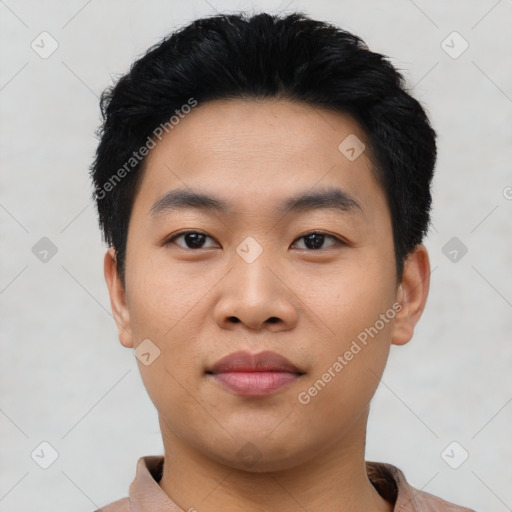 Neutral asian young-adult male with short  black hair and brown eyes